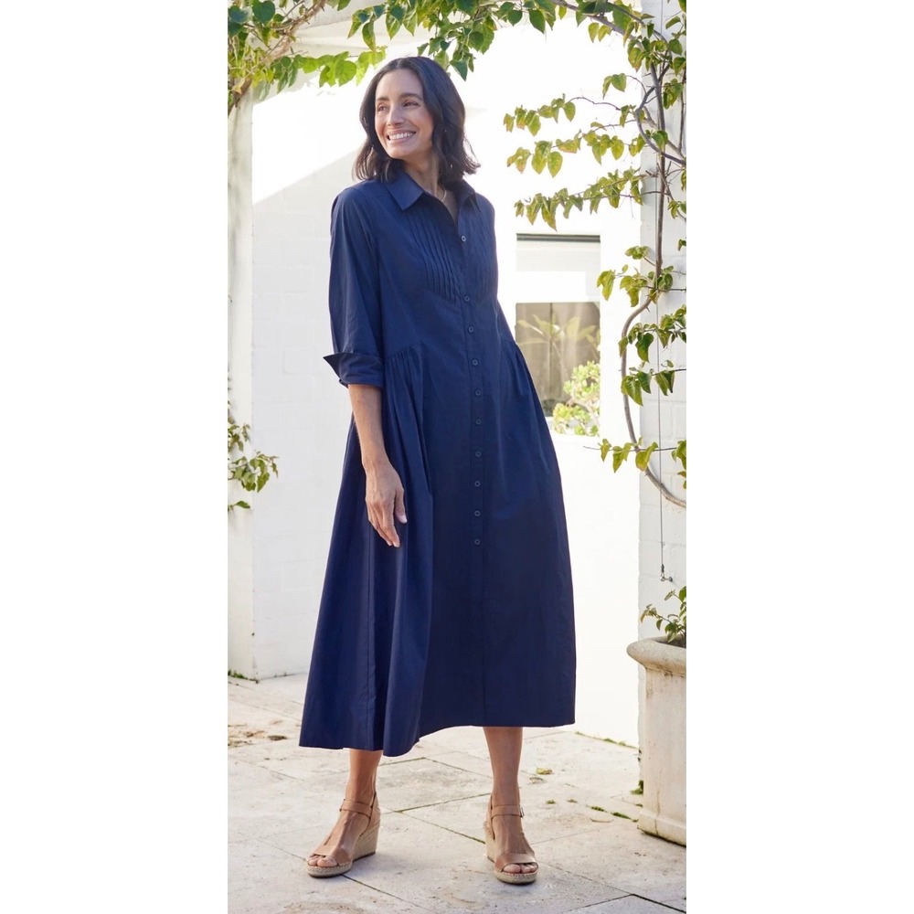 Maye Navy Blue Susie Shirtdress Cotton Poplin Pintuck Midi XL Pockets